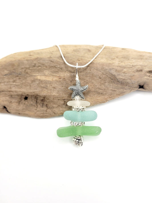 Genuine Sea Glass/Sea Glass Jewelry/Sea Glass Christmas Tree/Christmas Tree Pendant and Earrings/Holiday Jewelry/Christmas Necklace/173