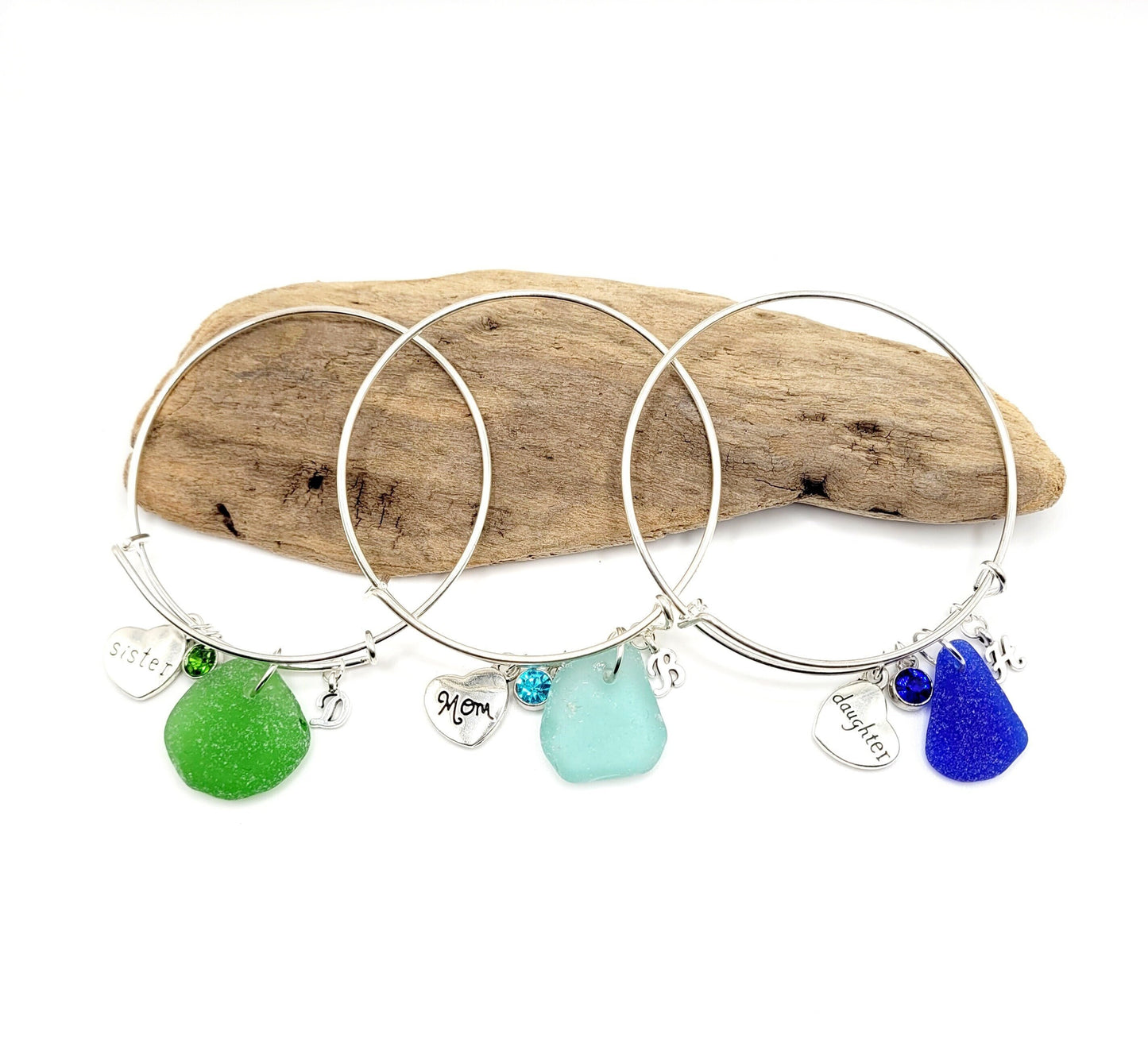 Genuine Sea Glass Bracelet/Mother's Day Gift/Sea Glass Bangle Bracelet/Personalized Sea Glass Bracelet/Birthstone Bracelet/Charm Bracelet