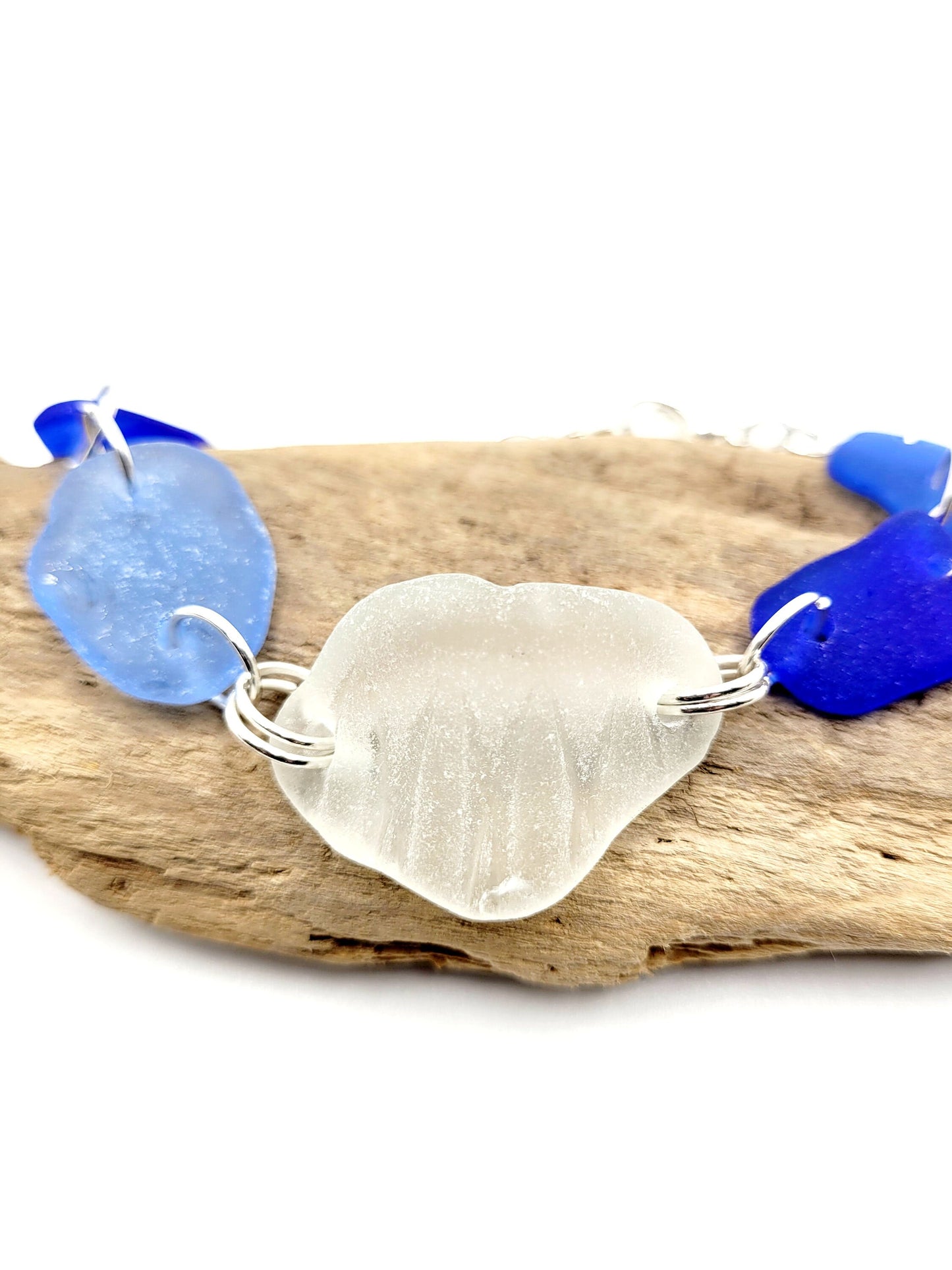 Sea Glass Bracelet/Genuine Sea Glass/Sea Glass Charm Bracelet/Cobalt Blue and white Beach Glass Bracelet/Nautical Bracelet