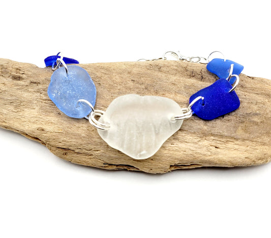 Sea Glass Bracelet/Genuine Sea Glass/Sea Glass Charm Bracelet/Cobalt Blue and white Beach Glass Bracelet/Nautical Bracelet