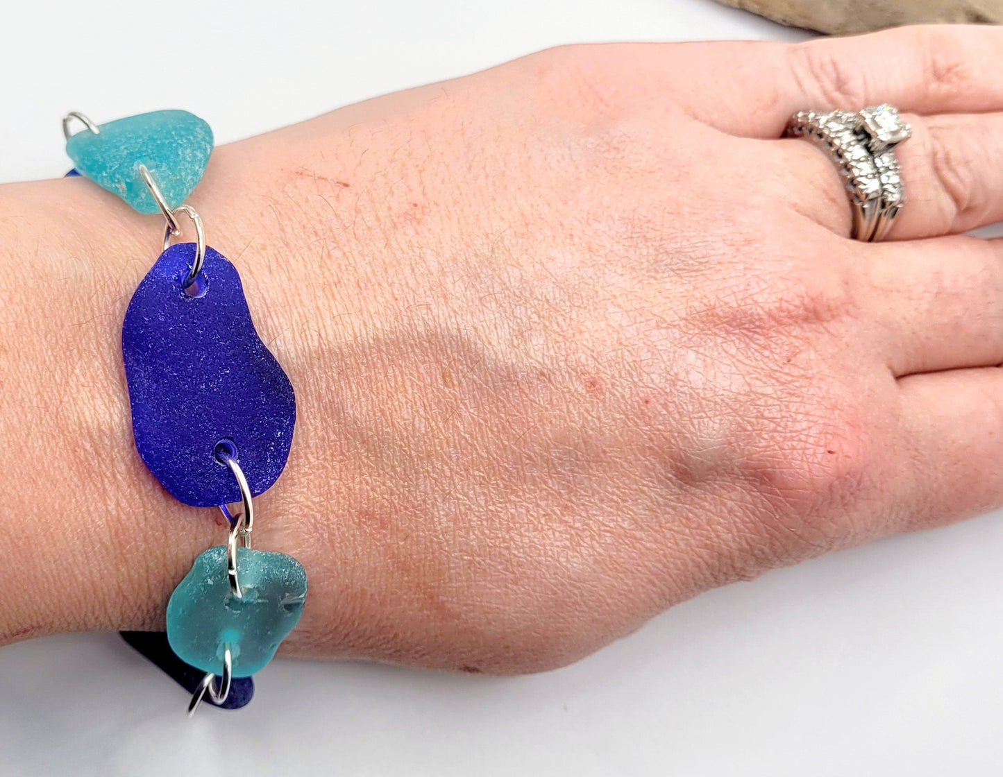 Sea Glass Bracelet/Genuine Sea Glass/Sea Glass Charm Bracelet/Cobalt Blue and aqua Beach Glass Bracelet/Nautical Bracelet/9F