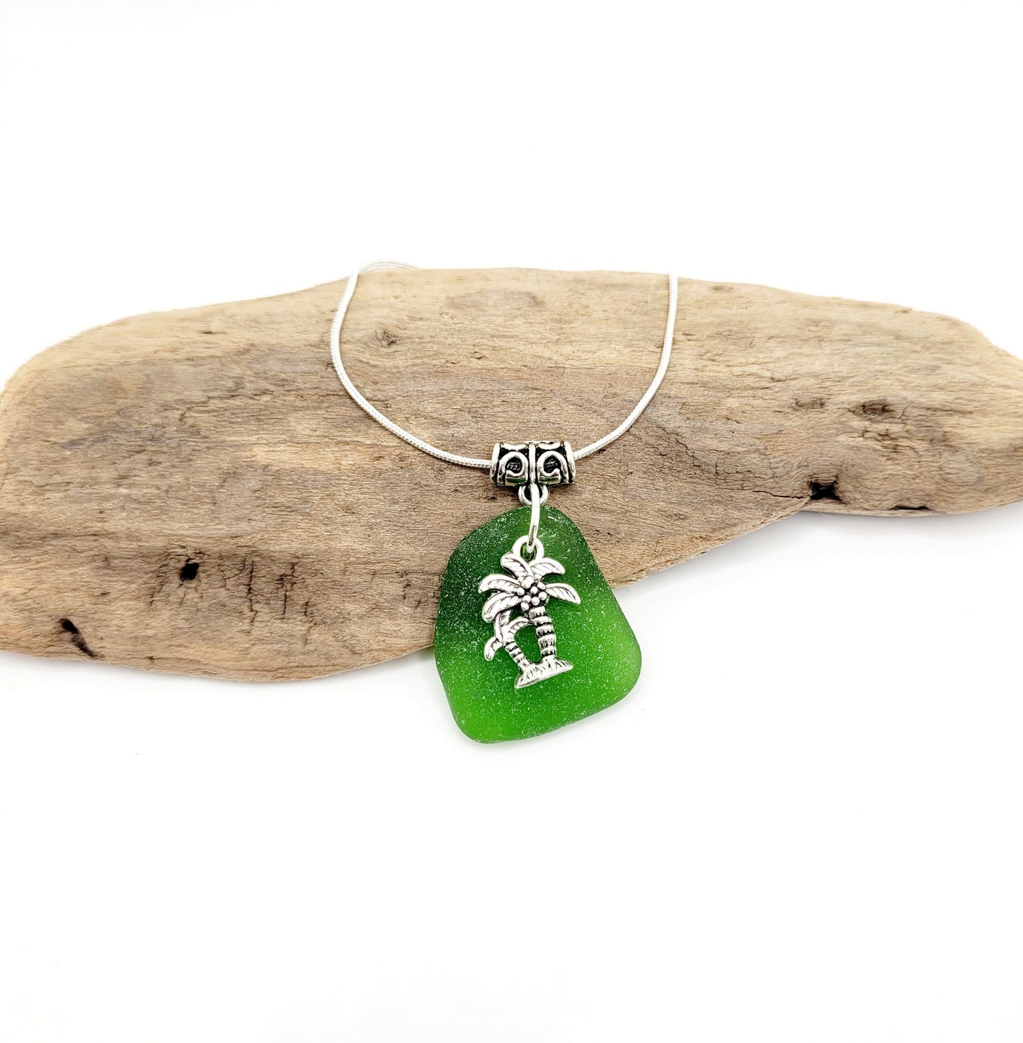 Genuine Sea Glass/Sea Glass Necklace/Palm Tree Charm/Sea Glass Pendant/Coastal Jewelry/Nautical Pendant/Sea Glass Jewelry/83