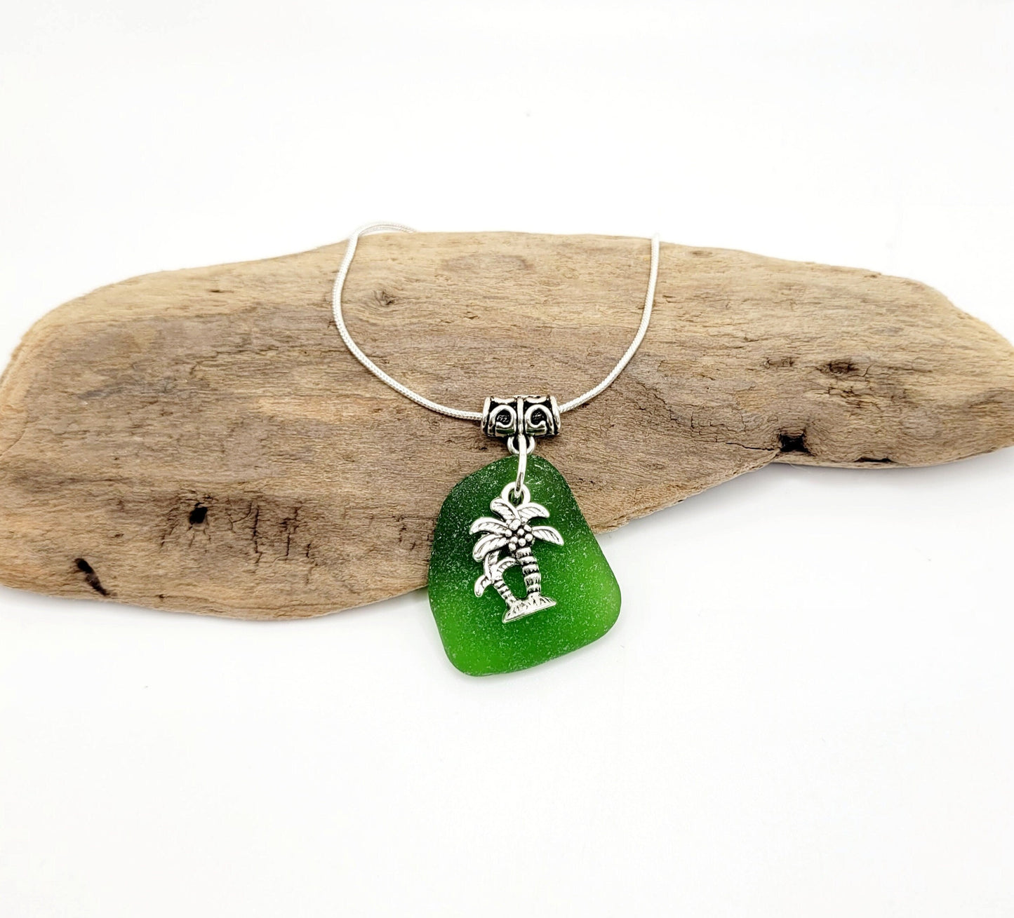 Genuine Sea Glass/Sea Glass Necklace/Palm Tree Charm/Sea Glass Pendant/Coastal Jewelry/Nautical Pendant/Sea Glass Jewelry/83