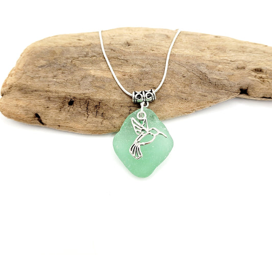 Genuine Sea Glass/Sea Glass Necklace/Hummingbird Charm/Sea Glass Pendant/Teal Sea Glass/Coastal Jewelry/Nautical Pendant/73