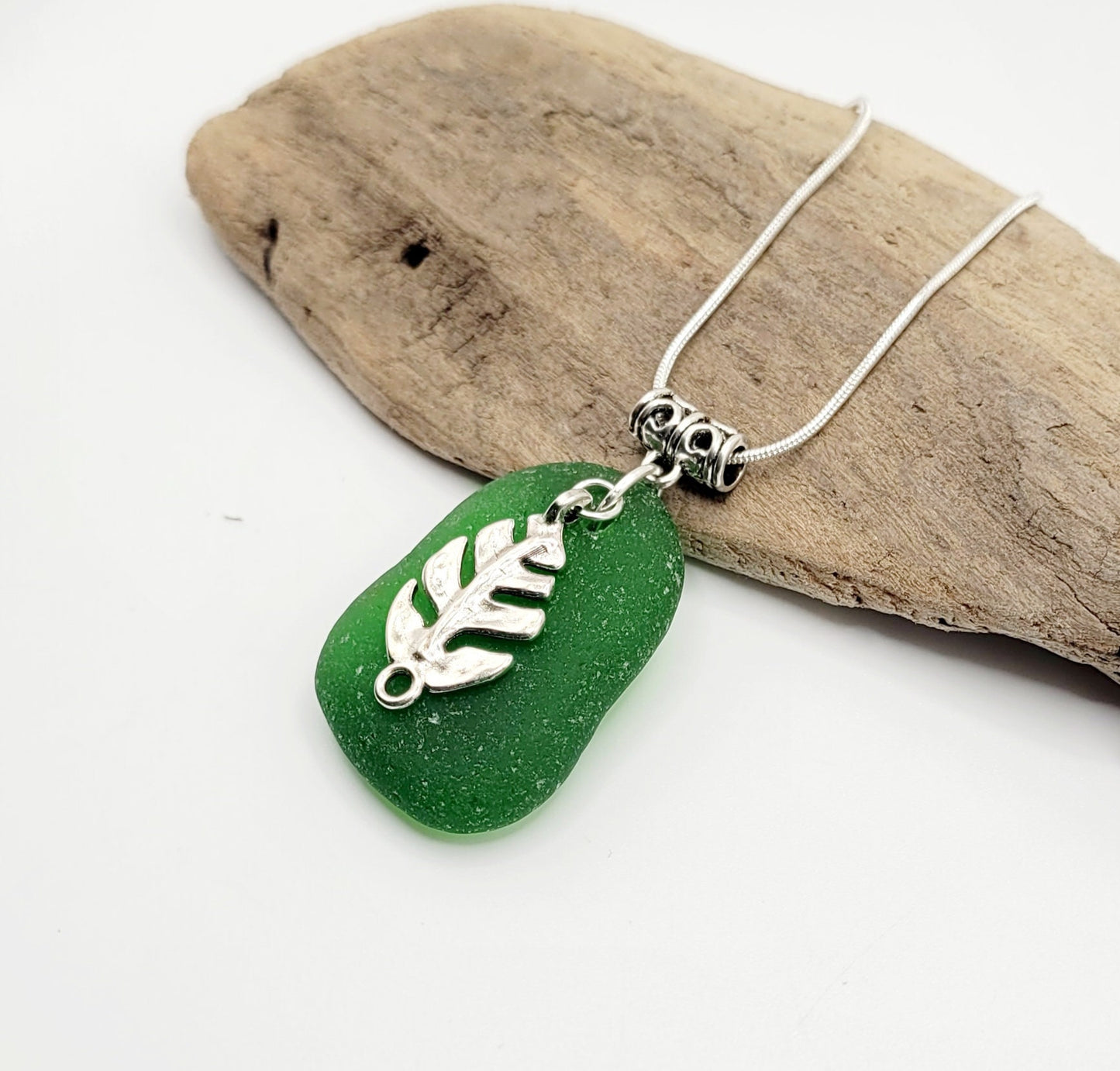 Genuine Sea Glass/Sea Glass Necklace/Monstera Leaf Charm/Sea Glass Pendant/Coastal Jewelry/Nautical Pendant/Sea Glass Jewelry/70