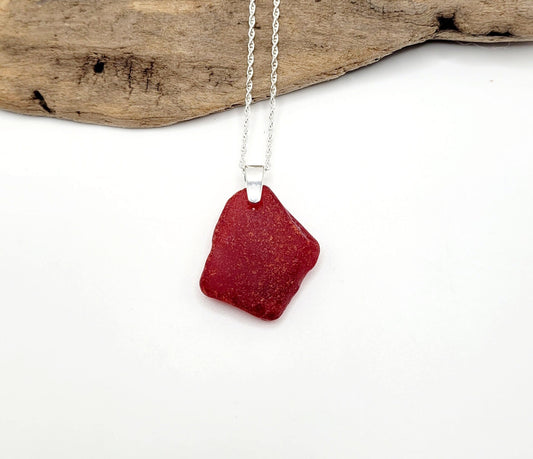 Genuine Sea Glass/Mother's Day Gift/Glass and Sterling Silver Necklace/Red Sea Glass Pendant/Genuine Sea Glass Jewelry/64