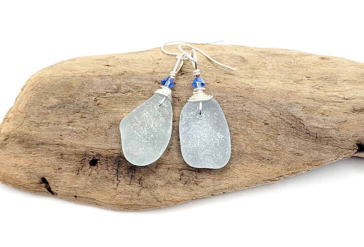 Genuine Sea Glass/Light Blue Sea Glass Earrings/Crystals/Sea Glass and Sterling Silver Earrings/Gift for Her