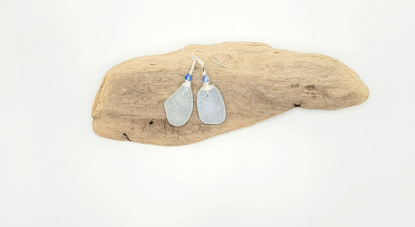 Genuine Sea Glass/Light Blue Sea Glass Earrings/Crystals/Sea Glass and Sterling Silver Earrings/Gift for Her