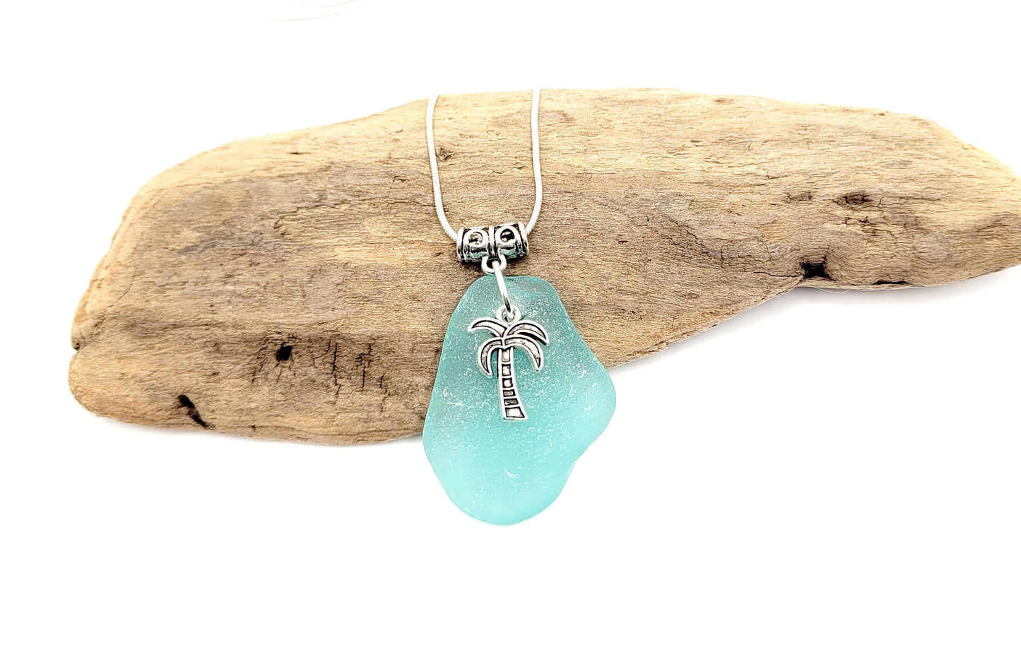 Genuine Sea Glass/Sea Glass Necklace/Palm Tree Charm/Sea Glass Pendant/Coastal Jewelry/Nautical Pendant/Sea Glass Jewelry/54