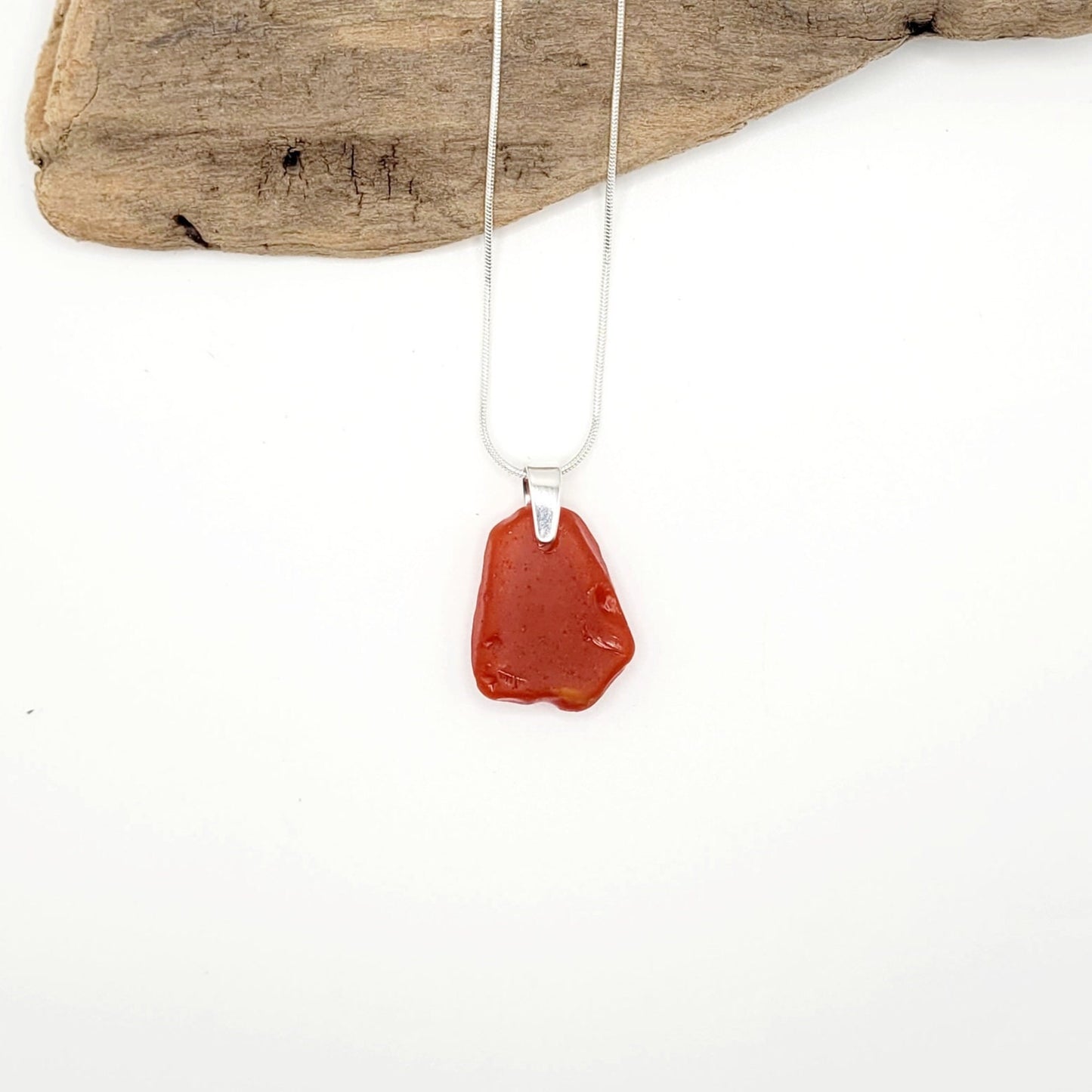 Rare Red Orange Genuine Milk Sea Glass/Sea Glass and Sterling Silver Necklace/Red Orange Glass Sea Glass Pendant/Sea Glass Jewelry/67