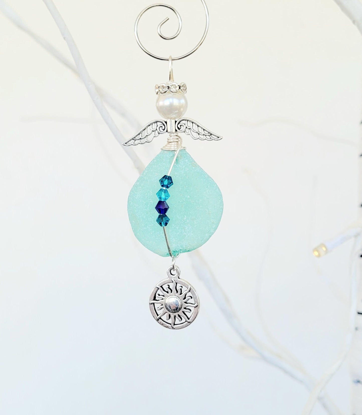 Genuine Sea Glass Angel Sun Catcher/Angel Car Charm/Angel Pendant/Angel Ornament/Get Well Gift/Religious Gift/Gift for Her/Birthday Gift/160