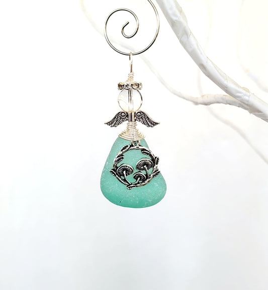 Sea Glass Angel/Genuine sea glass/Beach Glass Pendant/Mushroom Charm/Cottagecore Sun Catcher/Get Well Gift/Gift for a Friend/114