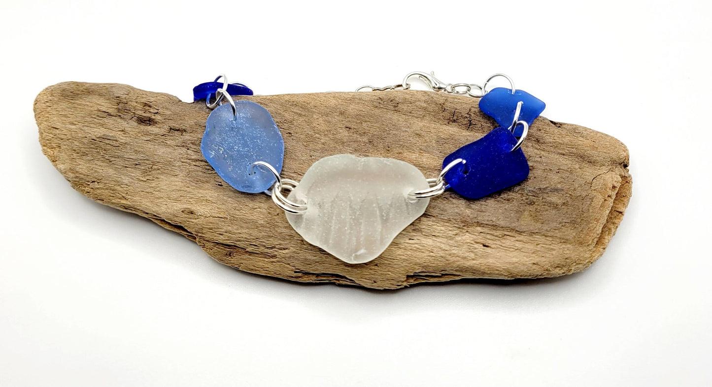 Sea Glass Bracelet/Genuine Sea Glass/Sea Glass Charm Bracelet/Cobalt Blue and white Beach Glass Bracelet/Nautical Bracelet