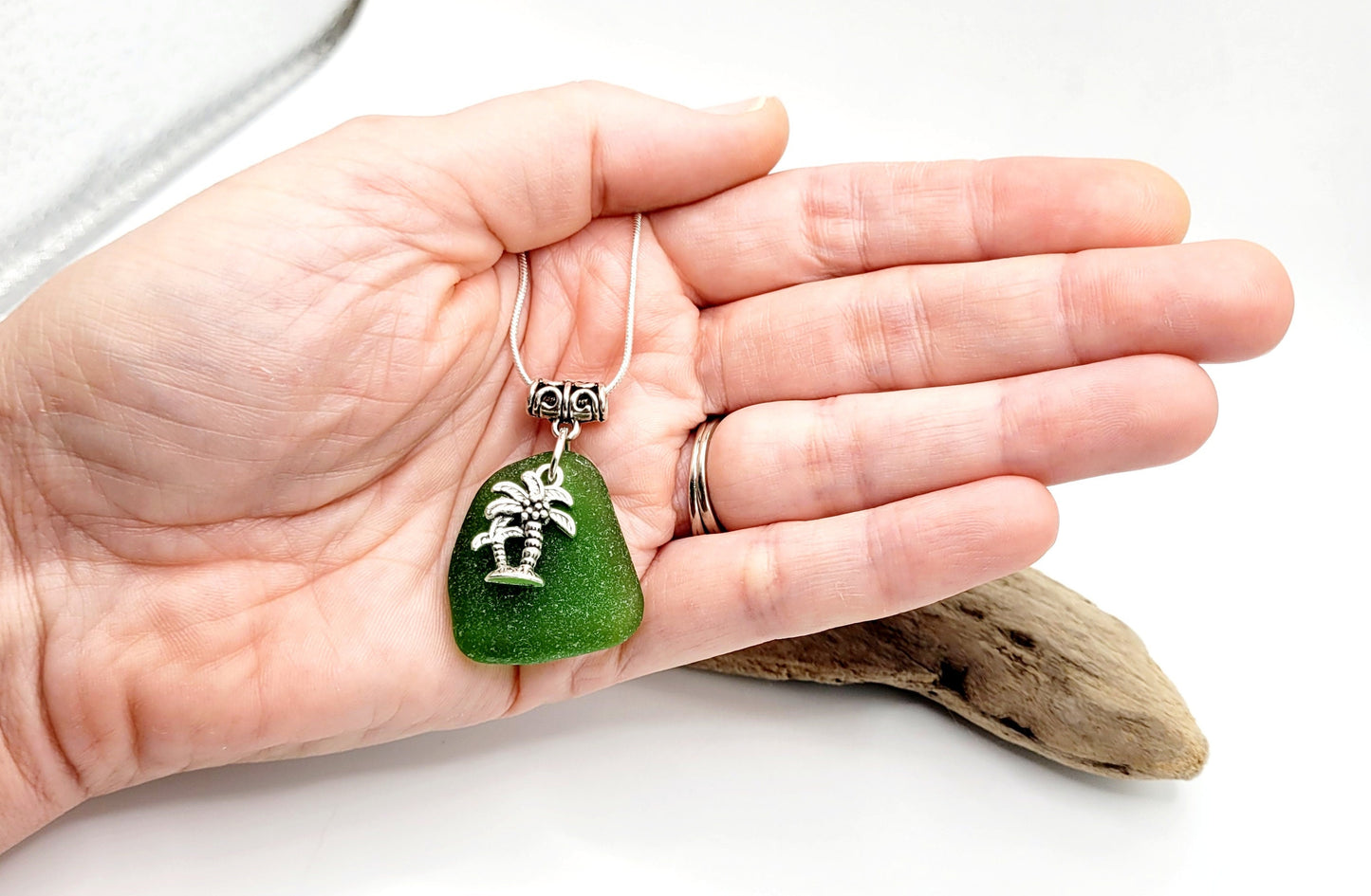 Genuine Sea Glass/Sea Glass Necklace/Palm Tree Charm/Sea Glass Pendant/Coastal Jewelry/Nautical Pendant/Sea Glass Jewelry/83