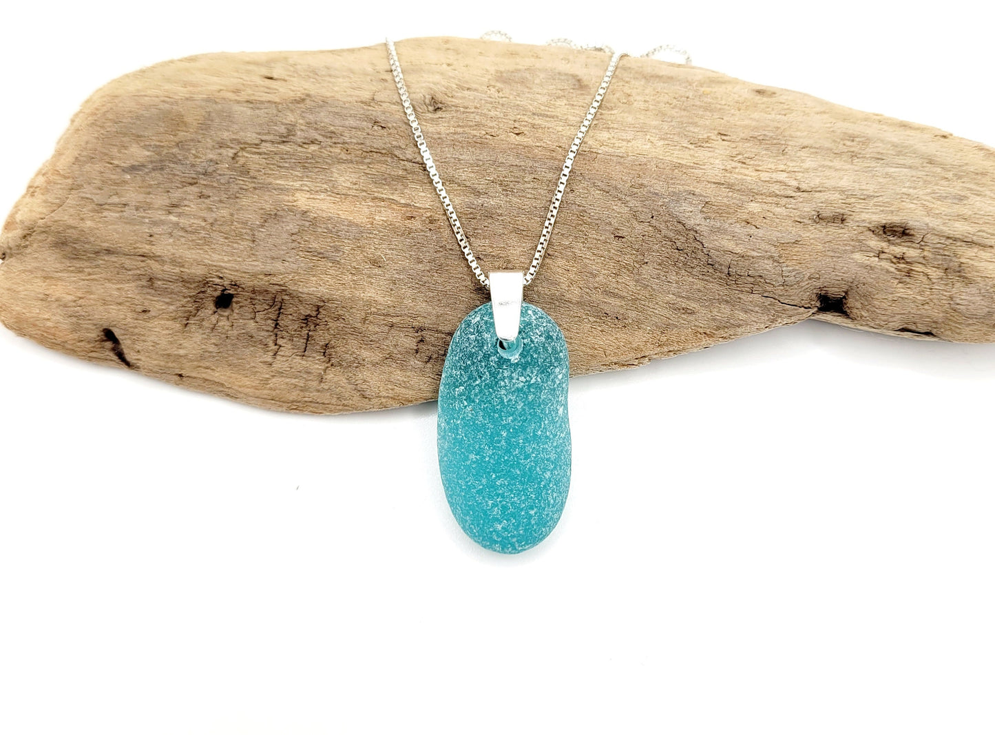 Genuine Sea Glass/Sea Glass and Sterling Silver Necklace/Powder Blue Sea Glass Pendant/Genuine Sea Glass Jewelry/82