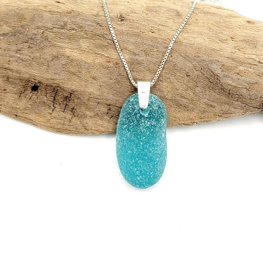 Genuine Sea Glass/Sea Glass and Sterling Silver Necklace/Powder Blue Sea Glass Pendant/Genuine Sea Glass Jewelry/82