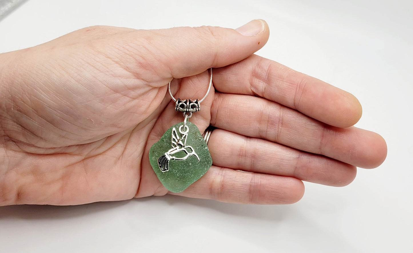 Genuine Sea Glass/Sea Glass Necklace/Hummingbird Charm/Sea Glass Pendant/Teal Sea Glass/Coastal Jewelry/Nautical Pendant/73