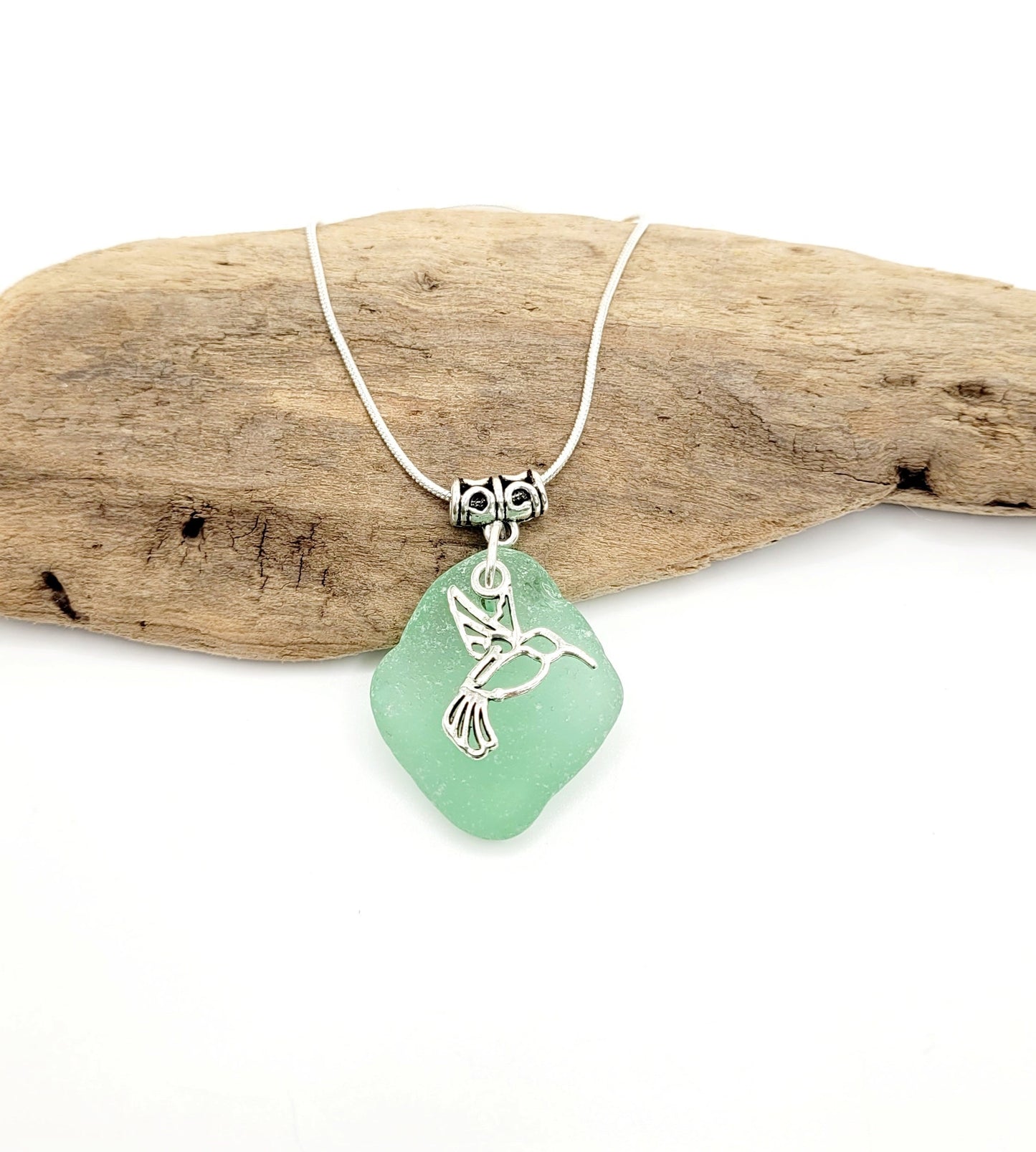 Genuine Sea Glass/Sea Glass Necklace/Hummingbird Charm/Sea Glass Pendant/Teal Sea Glass/Coastal Jewelry/Nautical Pendant/73