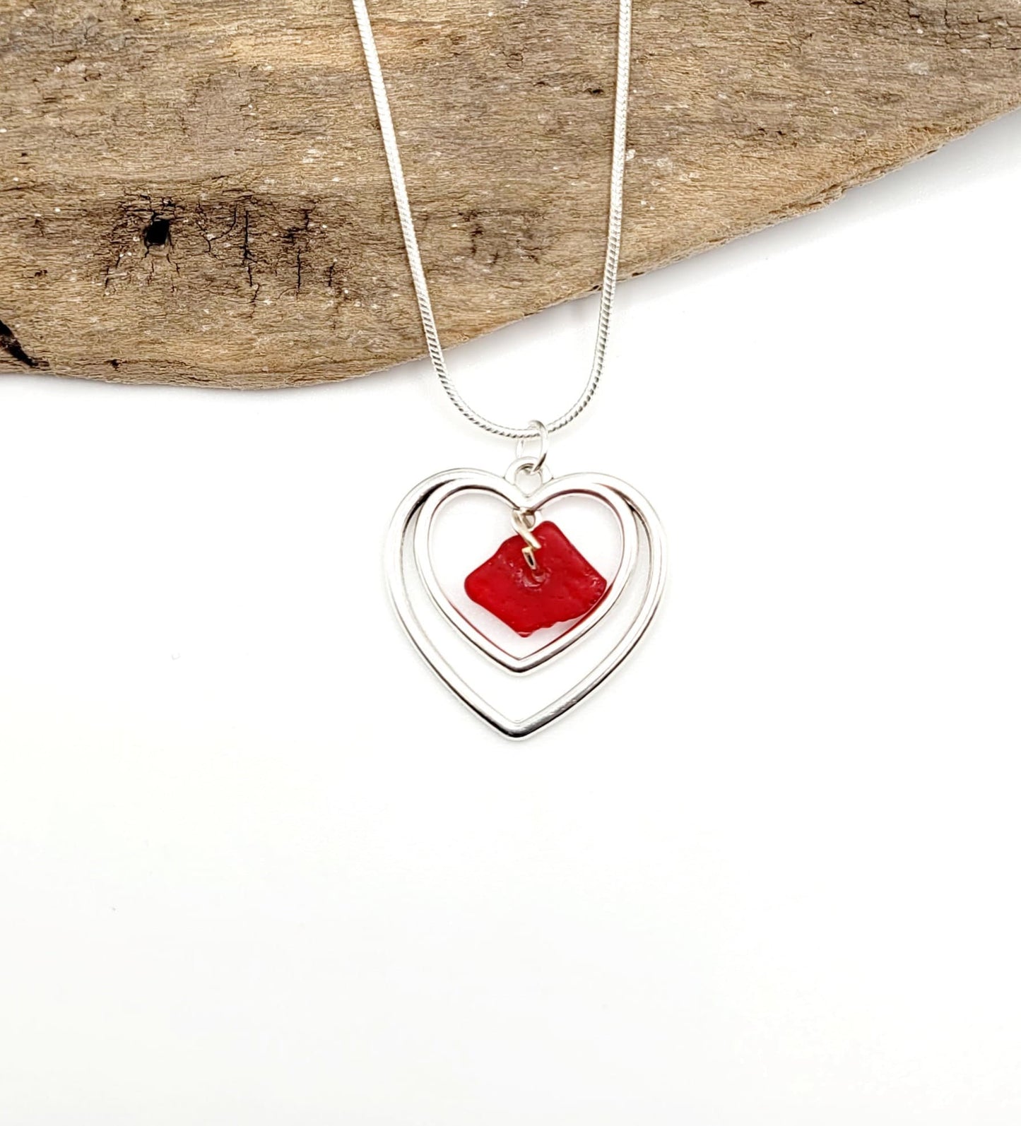 Genuine Sea Glass Pendant/Red Heart Sea Glass Pendant/Natural Heart Sea Glass Pendant/Anniversary Gift/Gift for her/Unique Gift/37