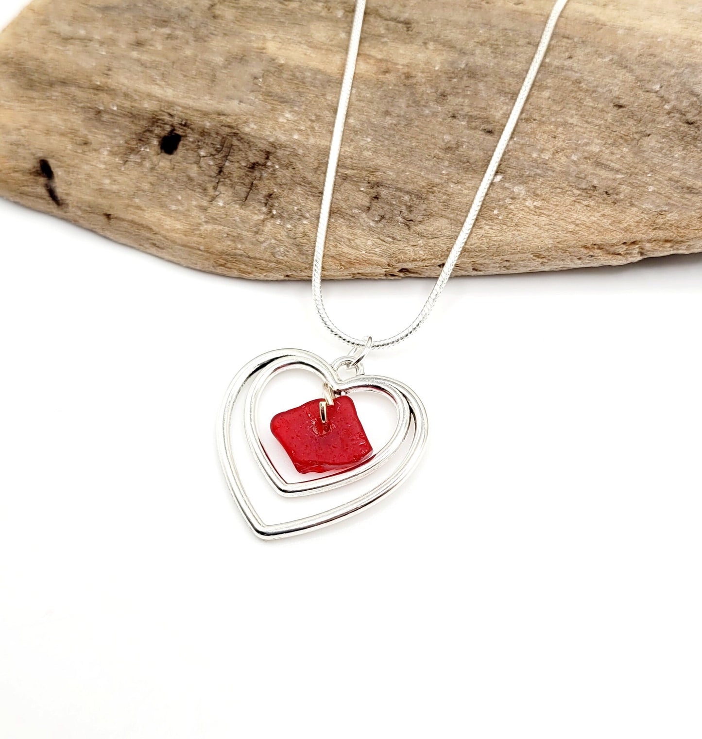 Genuine Sea Glass Pendant/Red Heart Sea Glass Pendant/Natural Heart Sea Glass Pendant/Anniversary Gift/Gift for her/Unique Gift/37