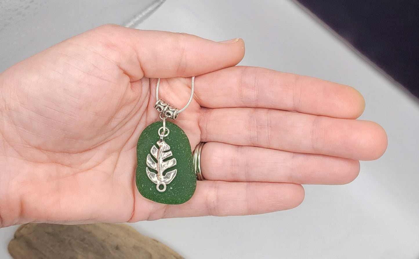 Genuine Sea Glass/Sea Glass Necklace/Monstera Leaf Charm/Sea Glass Pendant/Coastal Jewelry/Nautical Pendant/Sea Glass Jewelry/70