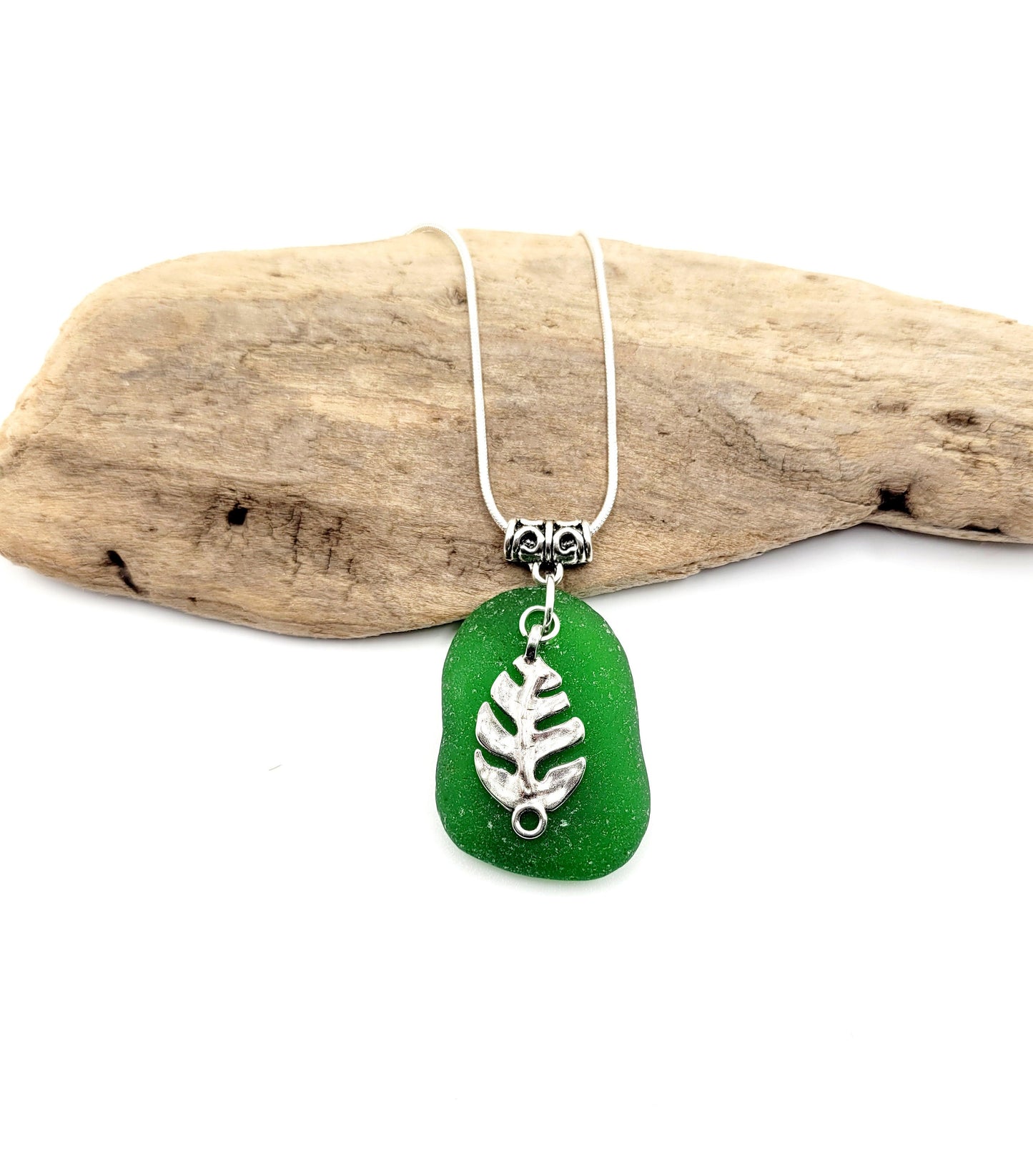 Genuine Sea Glass/Sea Glass Necklace/Monstera Leaf Charm/Sea Glass Pendant/Coastal Jewelry/Nautical Pendant/Sea Glass Jewelry/70