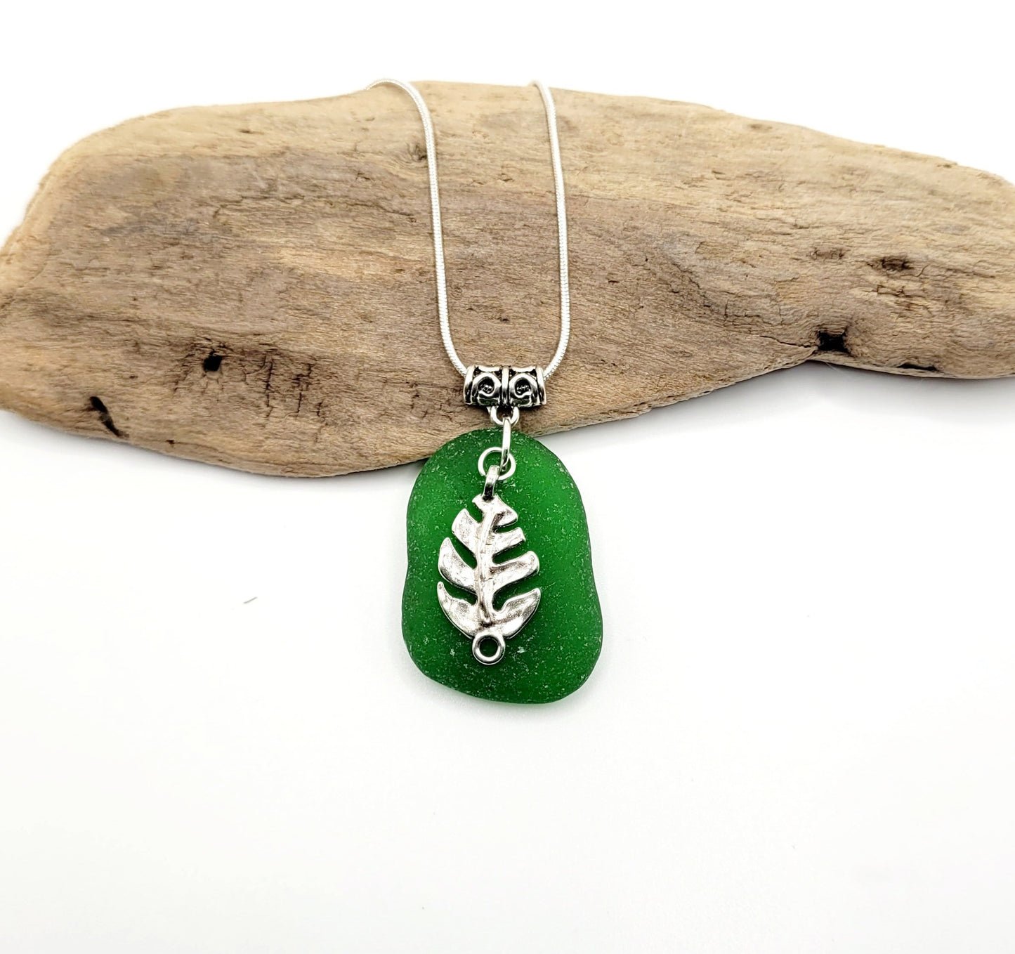 Genuine Sea Glass/Sea Glass Necklace/Monstera Leaf Charm/Sea Glass Pendant/Coastal Jewelry/Nautical Pendant/Sea Glass Jewelry/70