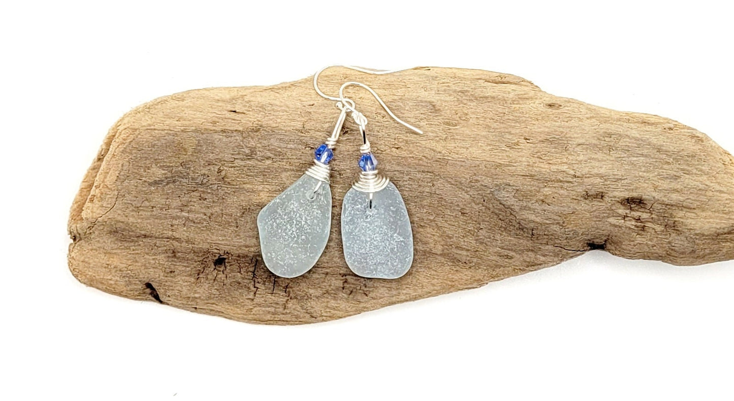 Genuine Sea Glass/Light Blue Sea Glass Earrings/Crystals/Sea Glass and Sterling Silver Earrings/Gift for Her