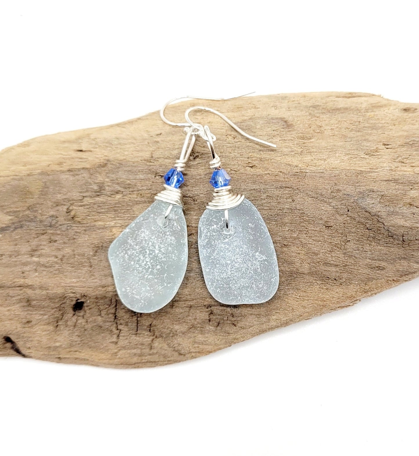 Genuine Sea Glass/Light Blue Sea Glass Earrings/Crystals/Sea Glass and Sterling Silver Earrings/Gift for Her