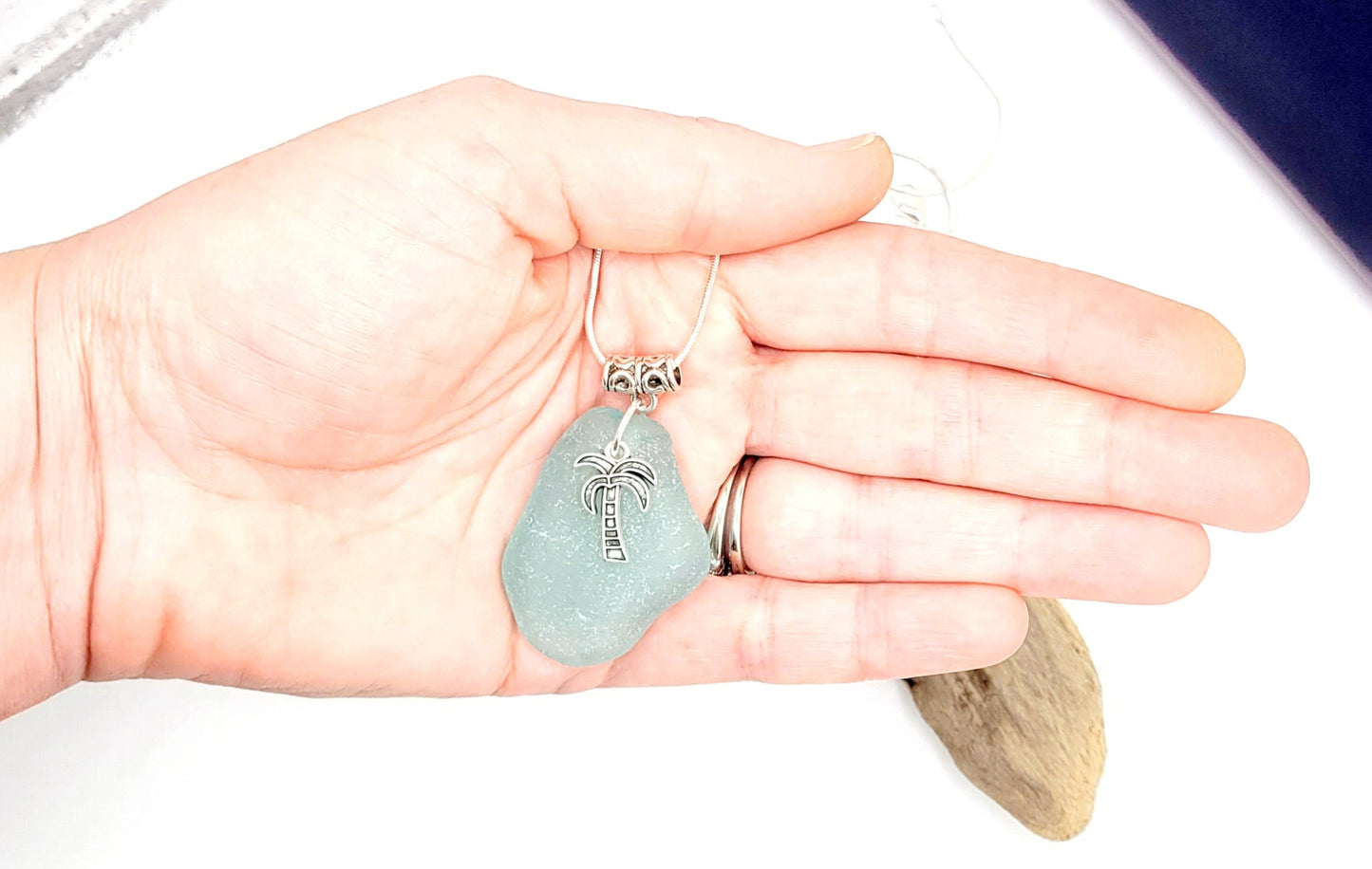 Genuine Sea Glass/Sea Glass Necklace/Palm Tree Charm/Sea Glass Pendant/Coastal Jewelry/Nautical Pendant/Sea Glass Jewelry/54