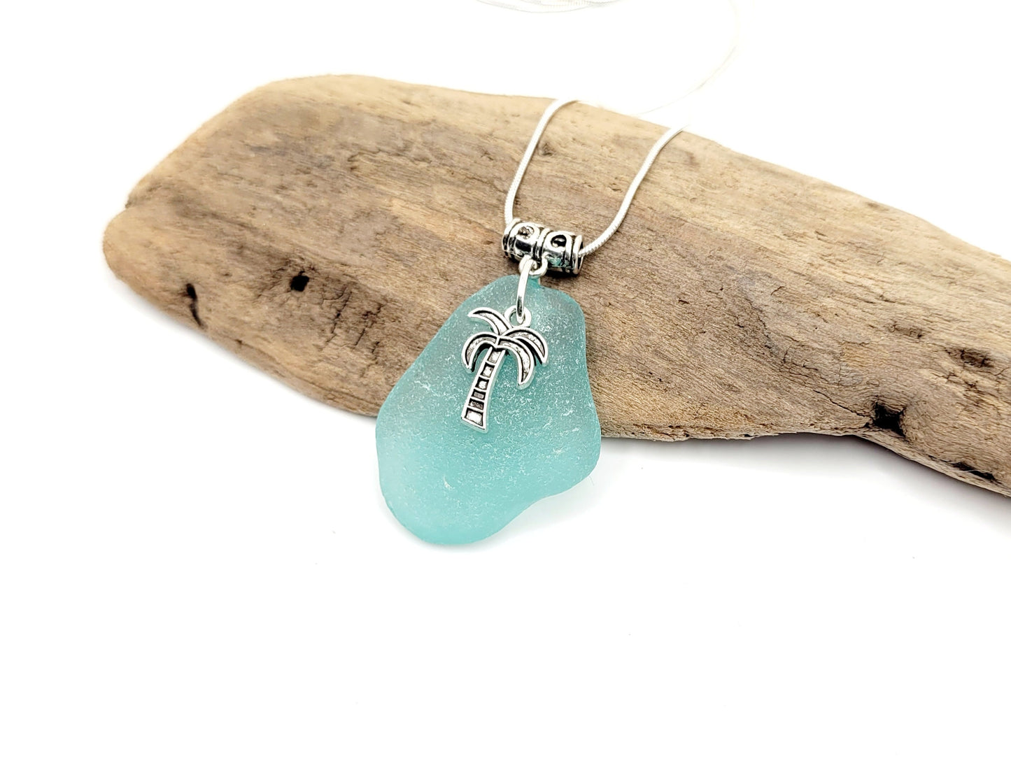 Genuine Sea Glass/Sea Glass Necklace/Palm Tree Charm/Sea Glass Pendant/Coastal Jewelry/Nautical Pendant/Sea Glass Jewelry/54