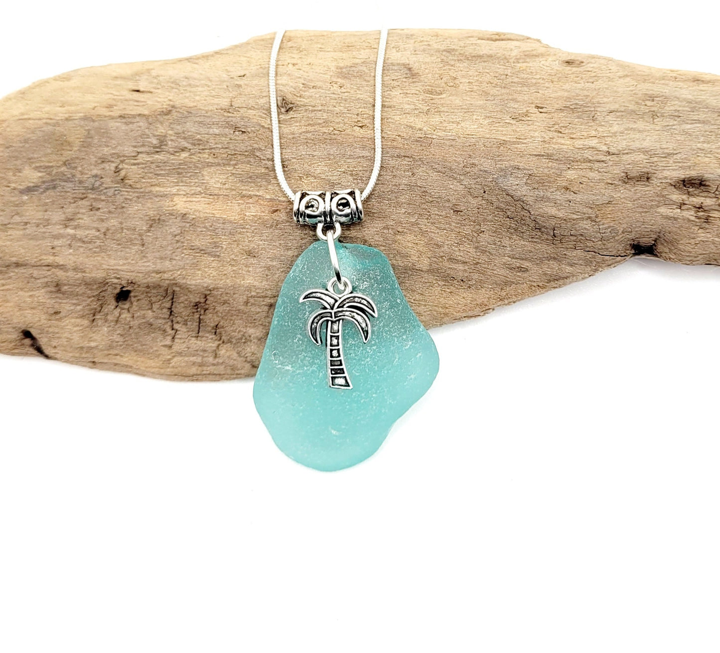 Genuine Sea Glass/Sea Glass Necklace/Palm Tree Charm/Sea Glass Pendant/Coastal Jewelry/Nautical Pendant/Sea Glass Jewelry/54