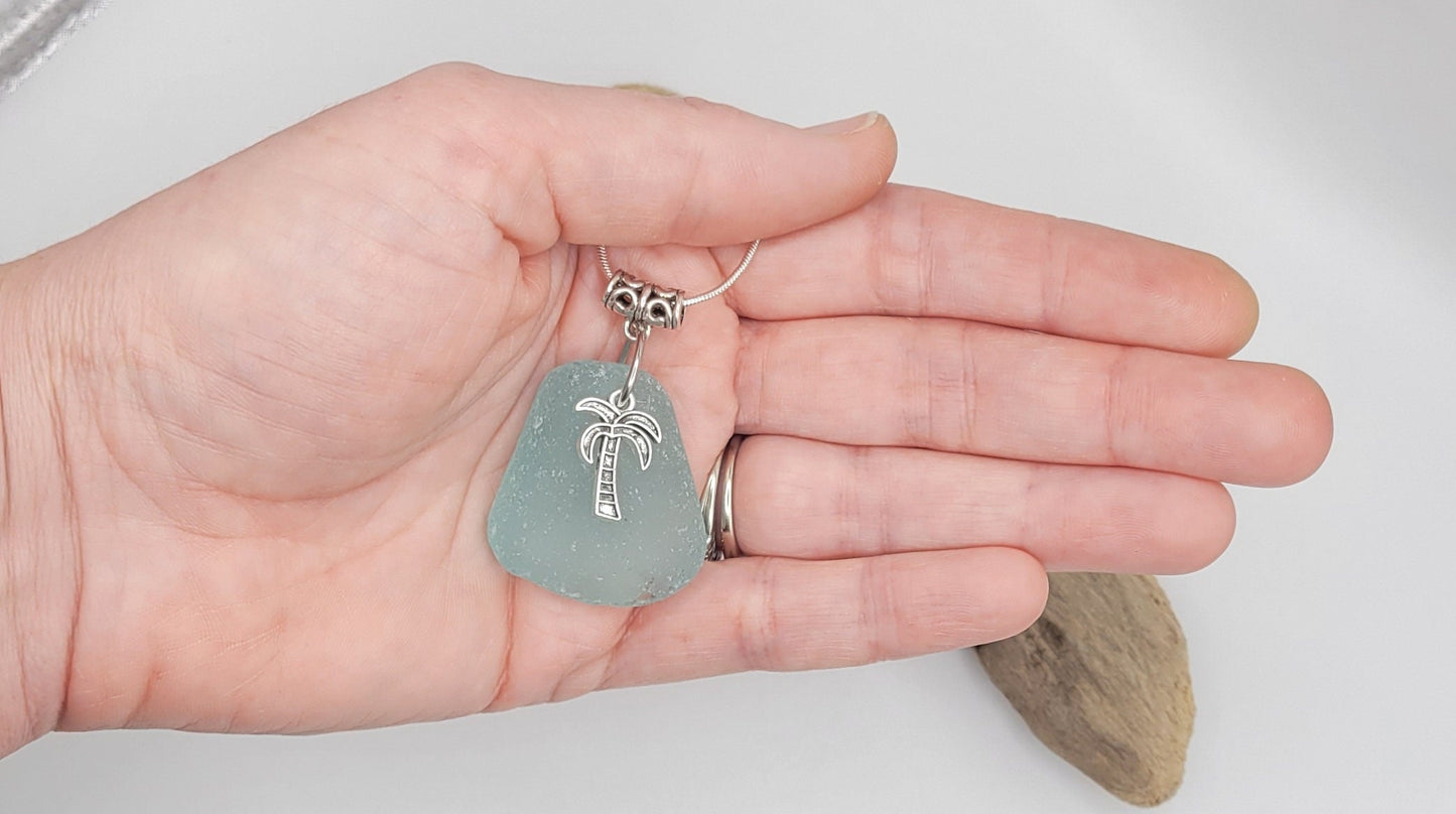 Genuine Sea Glass/Sea Glass Necklace/Palm Tree Charm/Sea Glass Pendant/Coastal Jewelry/Nautical Pendant/Sea Glass Jewelry/58