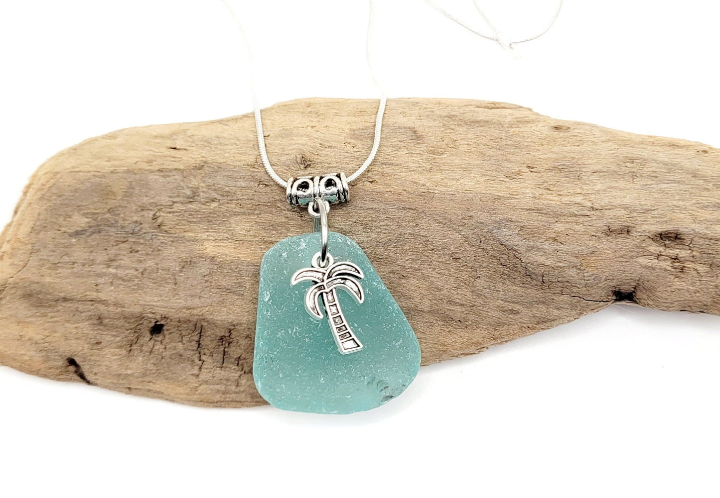 Genuine Sea Glass/Sea Glass Necklace/Palm Tree Charm/Sea Glass Pendant/Coastal Jewelry/Nautical Pendant/Sea Glass Jewelry/58