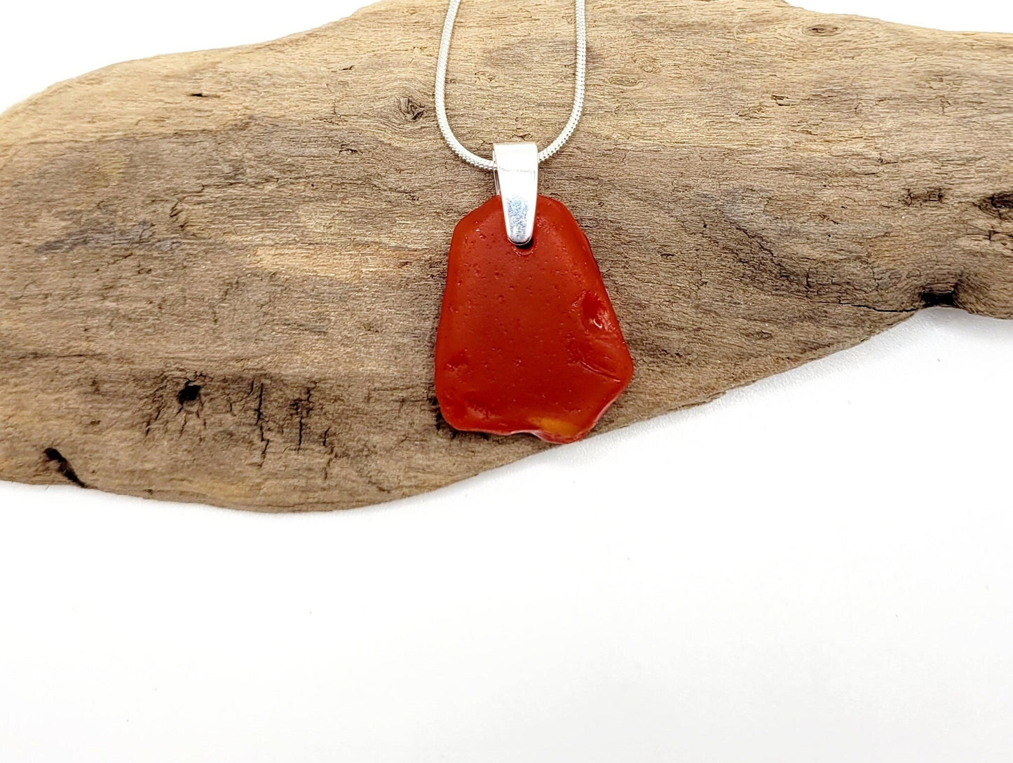 Rare Red Orange Genuine Milk Sea Glass/Sea Glass and Sterling Silver Necklace/Red Orange Glass Sea Glass Pendant/Sea Glass Jewelry/67