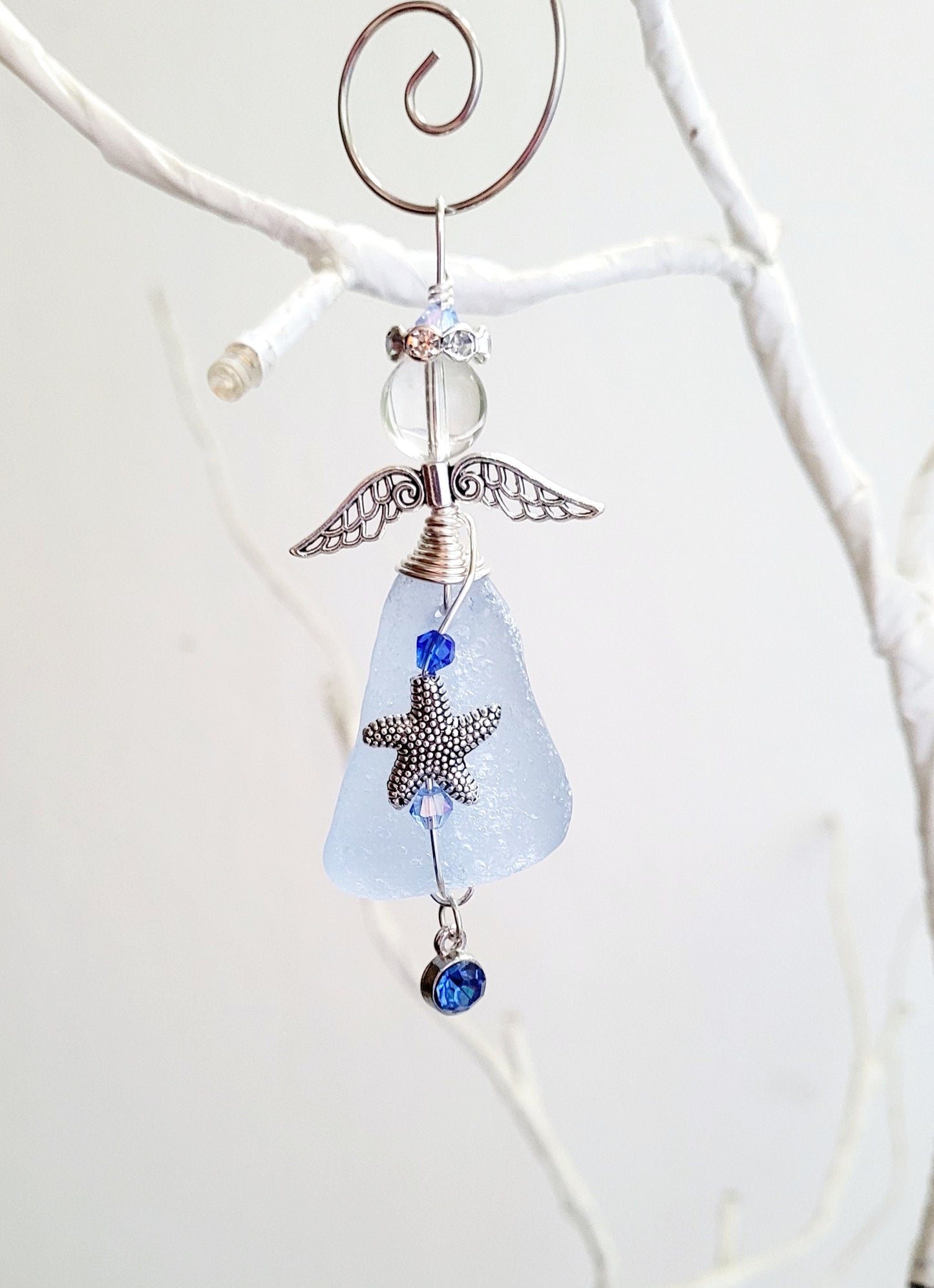 Sea Glass Guardian Angel/Genuine Sea Glass Angel/Rare Cornflower Blue Sea GlassAngel Ornament/Christmas Ornament/ Suncatcher/car charm/109