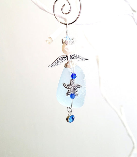 Sea Glass Guardian Angel/Genuine Sea Glass Angel/Rare Cornflower Blue Sea GlassAngel Ornament/Christmas Ornament/ Suncatcher/car charm/92