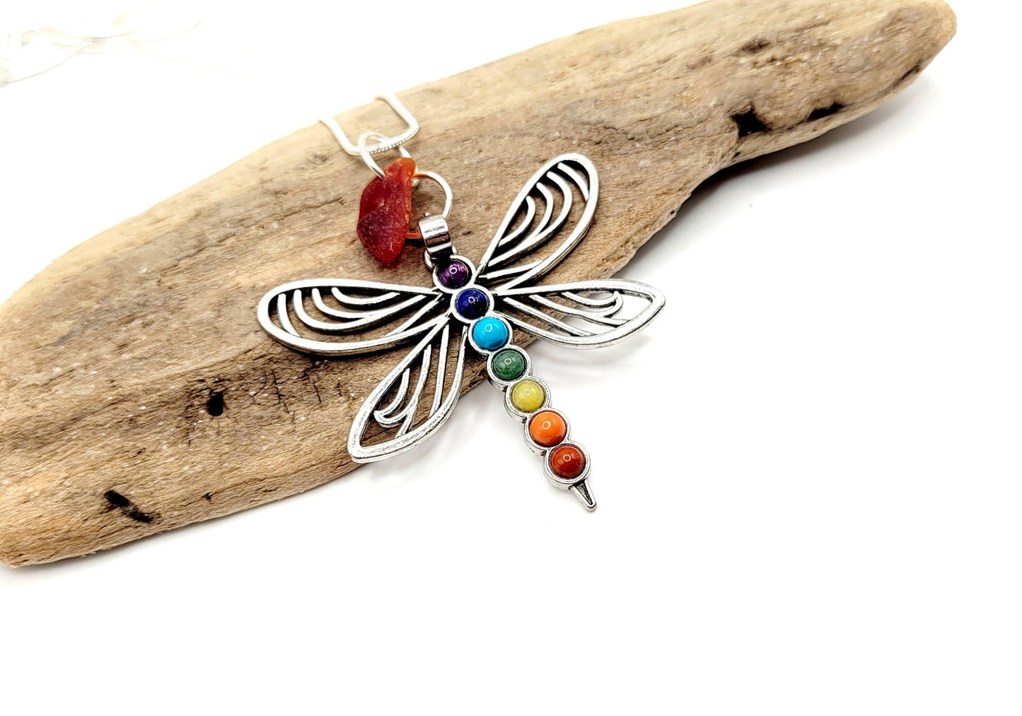 Genuine Sea Glass/UV Red/Chakra pendant/Dragonfly Necklace/Gift for Her/31