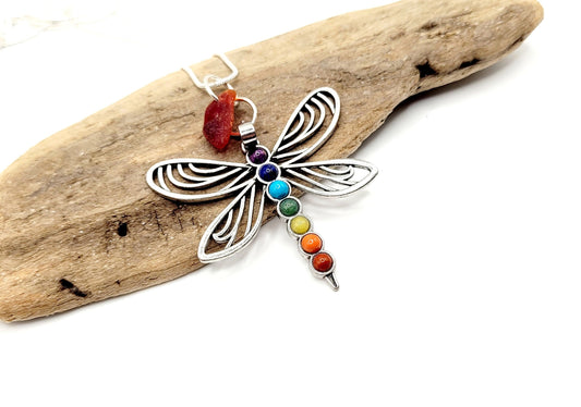 Genuine Sea Glass/UV Red/Chakra pendant/Dragonfly Necklace/Gift for Her/31