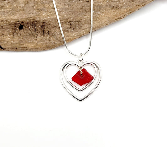 Genuine Sea Glass Pendant/Red Heart Sea Glass Pendant/Natural Heart Sea Glass Pendant/Anniversary Gift/Gift for her/Unique Gift/37