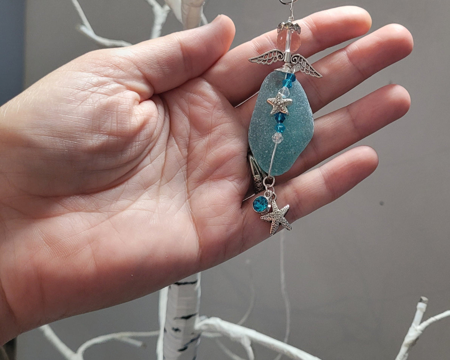 Sea Glass Guardian Angel/Genuine Sea Glass Angel/Aqua Blue Sea Glass/Angel Ornament/Christmas Ornament/ Suncatcher/car charm