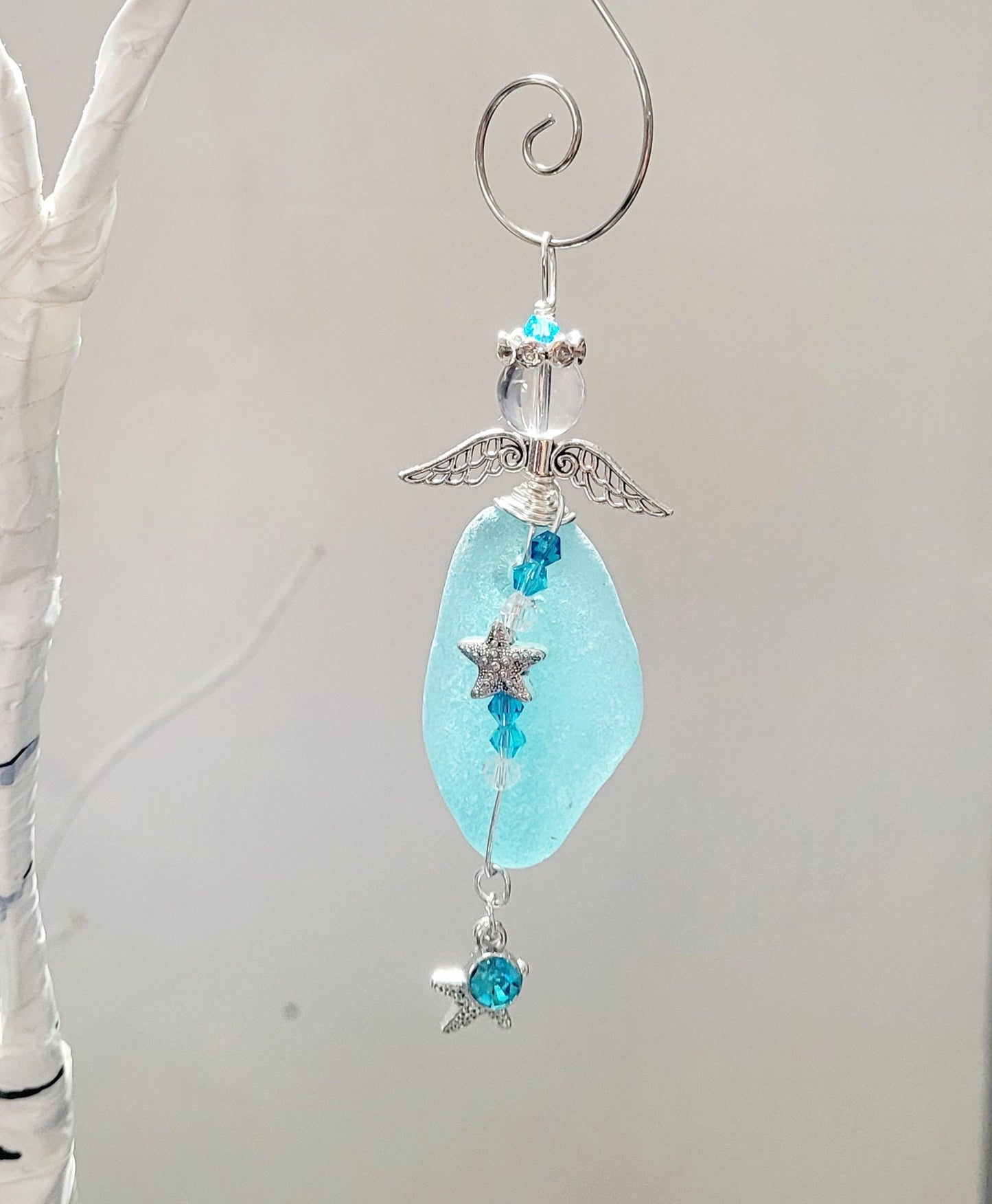 Sea Glass Guardian Angel/Genuine Sea Glass Angel/Aqua Blue Sea Glass/Angel Ornament/Christmas Ornament/ Suncatcher/car charm