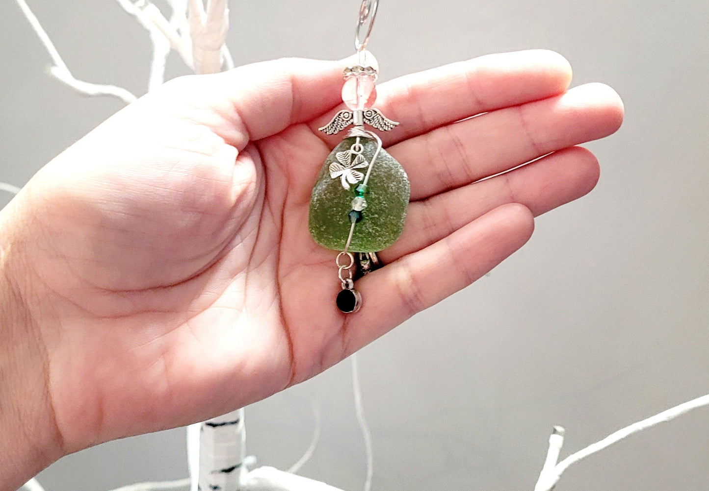 Genuine Sea Glass Angel with shamrock/Angel Car Charm/Angel Pendant/Angel Ornament/Angel Gift/St Patrick's Day/Gift for Her/91