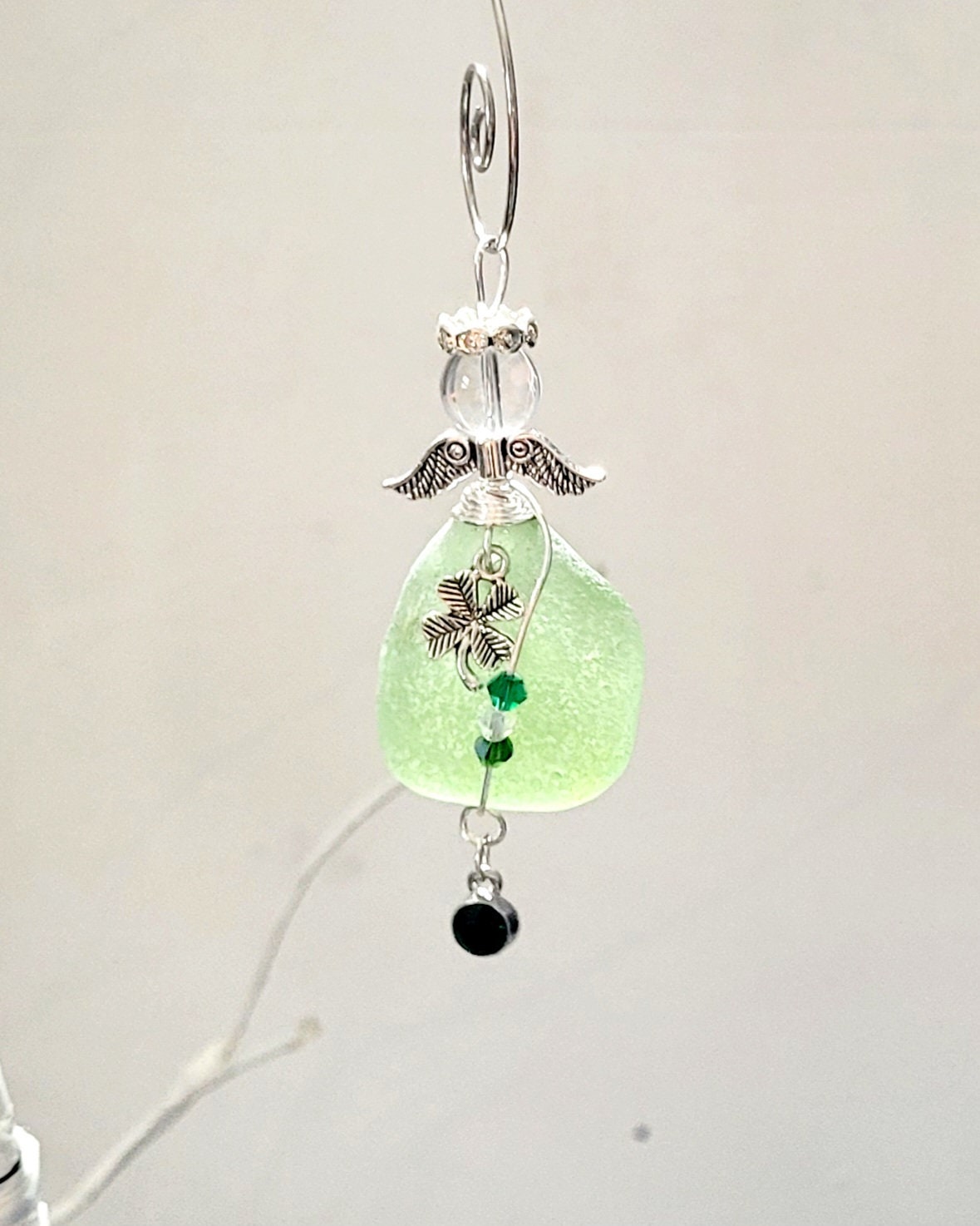 Genuine Sea Glass Angel with shamrock/Angel Car Charm/Angel Pendant/Angel Ornament/Angel Gift/St Patrick's Day/Gift for Her/91