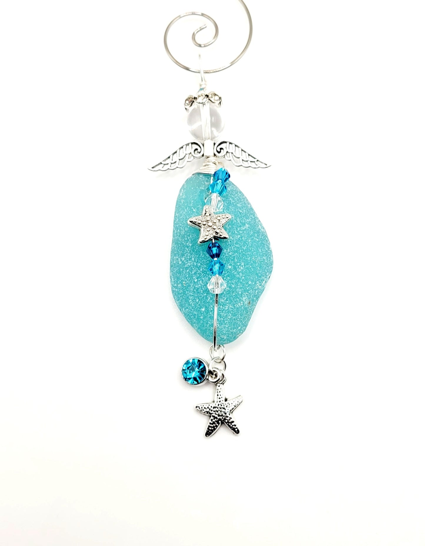 Sea Glass Guardian Angel/Genuine Sea Glass Angel/Aqua Blue Sea Glass/Angel Ornament/Christmas Ornament/ Suncatcher/car charm