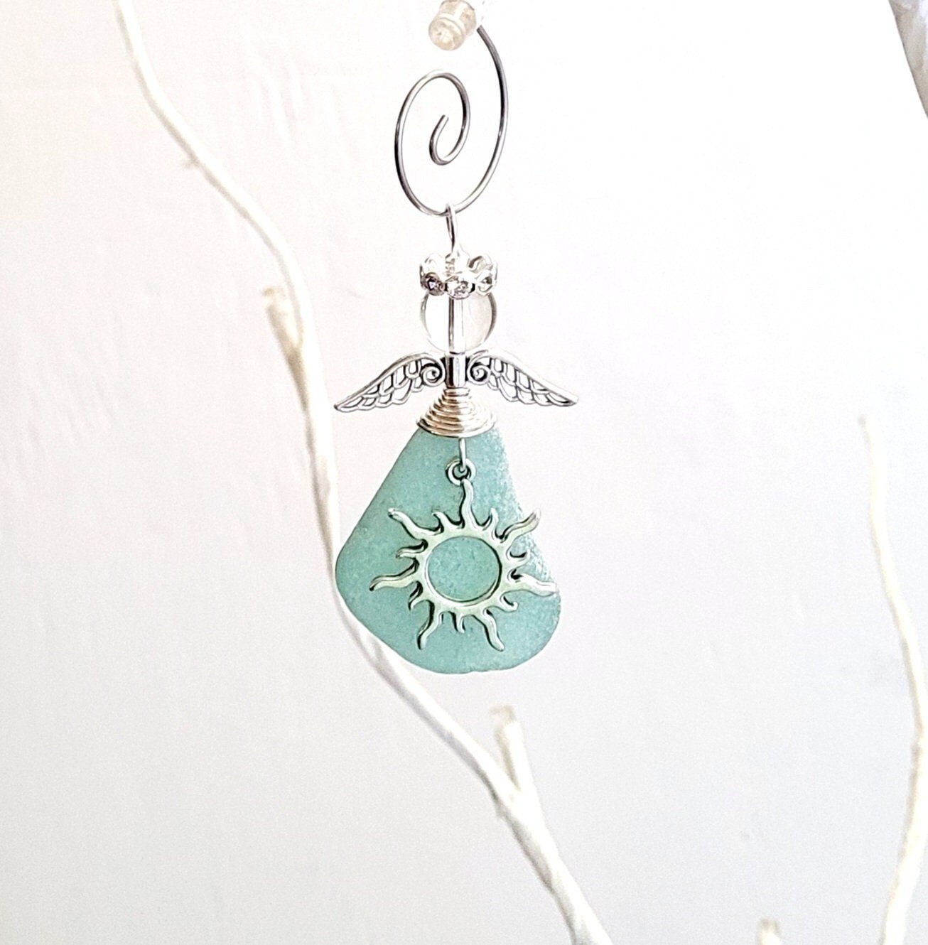 Genuine Sea Glass Angel Sun Catcher/Angel Car Charm/Angel Pendant/Angel Ornament/Get Well Gift/Religious Gift/Gift for Her/Birthday Gift/111