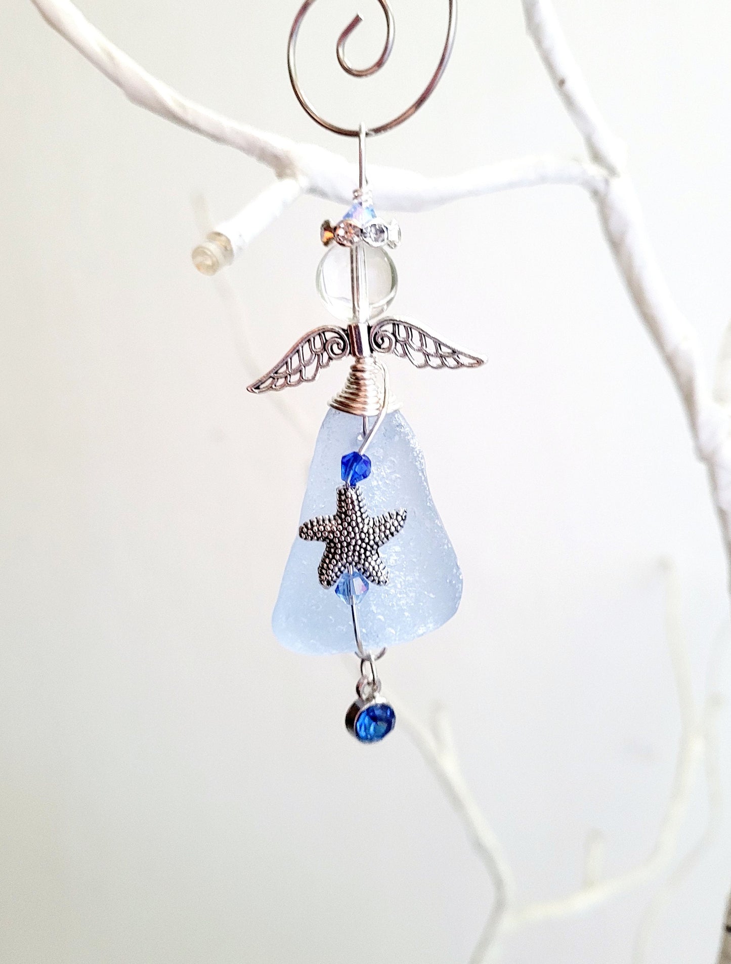 Sea Glass Guardian Angel/Genuine Sea Glass Angel/Rare Cornflower Blue Sea GlassAngel Ornament/Christmas Ornament/ Suncatcher/car charm/109