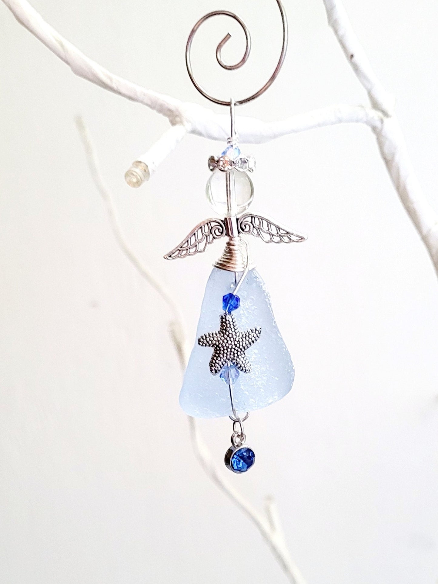 Sea Glass Guardian Angel/Genuine Sea Glass Angel/Rare Cornflower Blue Sea GlassAngel Ornament/Christmas Ornament/ Suncatcher/car charm/109