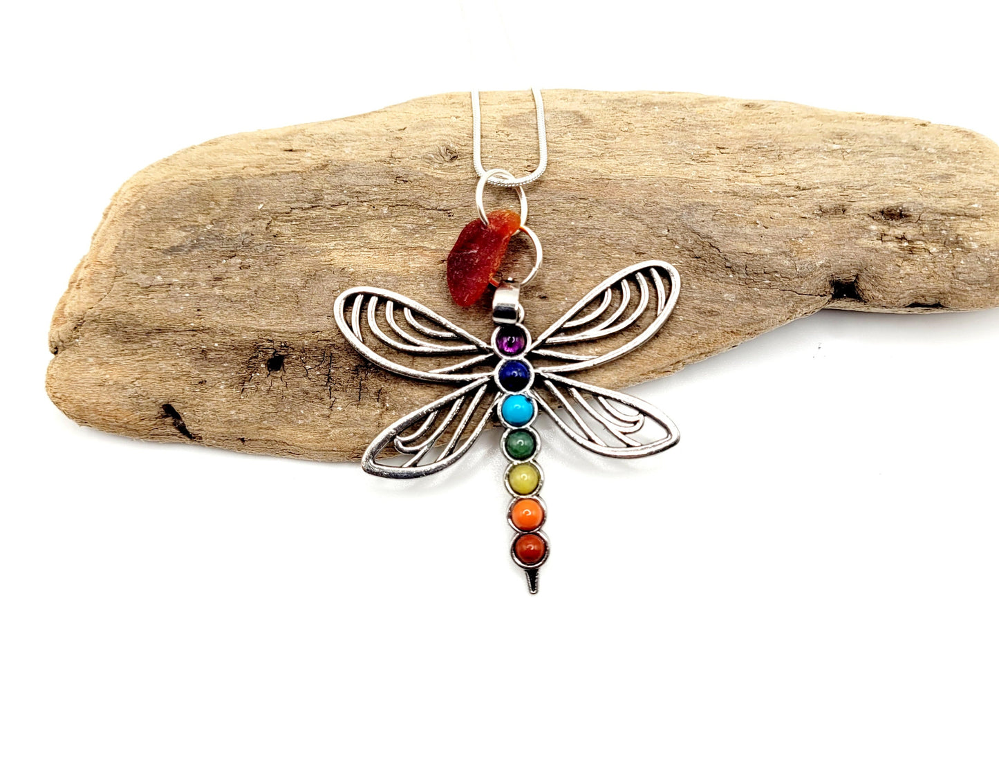 Genuine Sea Glass/UV Red/Chakra pendant/Dragonfly Necklace/Gift for Her/31