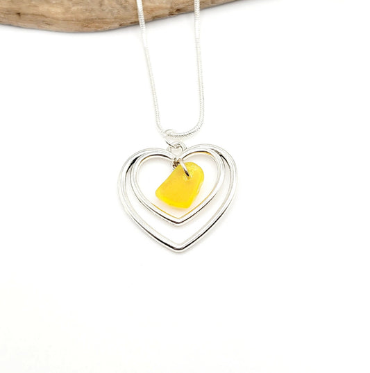 Genuine Sea Glass Pendant/Rare UV Yellow Heart Sea Glass Pendant/Natural Heart Sea Glass Pendant/Anniversary Gift/Gift for her/30